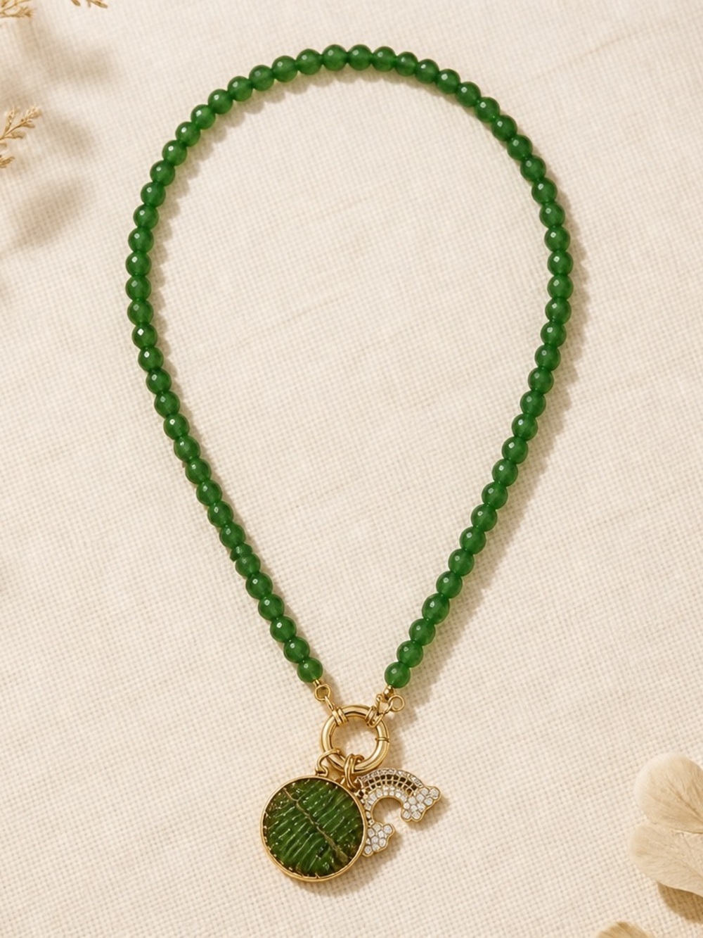 Plunder Green Beaded Pendant Necklace with Gold Charms